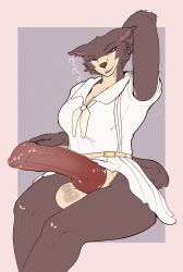 animal_genitalia animal_penis anthro beastars big_penis bodily_fluids brown_body brown_fur canid canine canine_genitalia canine_penis canis clothing crossgender dress ftg_crossgender fti_crossgender fur genital_fluids genitals gynomorph hand_behind_head hi_res huge_penis hyper hyper_genitalia hyper_penis intersex juno_(beastars) knot looking_at_viewer mammal penis precum school_uniform seductive solo uniform wolf zenfry