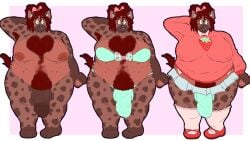 hyenaconfetti esme_(hyenaconfetti) hyena spotted_hyena furry big_breasts big_belly nipples_visible_through_clothing short_skirt panties reference_sheet happy_trail chest_hair trans_woman transgender transgender_woman dickgirl huge_cock penis fat armpit_hair bra big_thighs