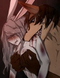 anthro bite blood blush bodily_fluids breasts canid canine crying digital_media_(artwork) dominant duo female fox hair hi_res kais_(yourumi) lagomorph leporid male male/female mammal mieri_(yourumi) nipples nude open_mouth pain rabbit sadism sadistic_smile scared sex simple_background tears teeth white_body yourumi