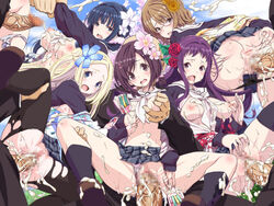 5girls areolae blush breast_grab breasts censored cum hair hanayamata lolita_channel looking_at_viewer multiple_girls nipples open_mouth penis purple_hair sex vaginal_penetration veiny veiny_penis