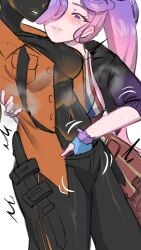 2girls celeste_(deadlock) clothed clothed_female color colored crackship deadlock dl female female_focus female_only haze_(deadlock) lesbian multiple_girls open_jacket partially_clothed partially_clothed_female spicyf4u yuri