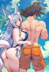 1boy 1girls 2026 2d 2d_(artwork) ai_generated azur_lane big_breasts black_hair blue_swimsuit crossover digital_media_(artwork) dragon_ball dragon_ball_z female fox fox_ears fox_girl fox_tail goku hand_on_back hand_on_hip kakarot long_hair look looking_at_another looking_at_partner looking_back male muscles muscular muscular_back muscular_male orange_shorts orange_swimsuit poke-ignis shinano_(azur_lane) shorts son_goku spikey_hair strong_male swimsuit thick_ass thick_thighs video_game_character video_games white_hair