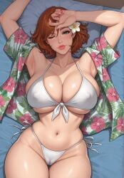 1girls ai_assisted ai_edit ai_generated armpit_crease armpits auburn_hair belly_button bikini cameltoe cleavage collarbone collared_shirt earrings edited edited_ai edited_by_uploader eyelashes female floral_print flower_in_hair flower_pattern from_above front-tie_bikini_top green_eyes grok hair_between_eyes hand_over_face hand_over_head hourglass_figure large_breasts light-skinned_female lipstick looking_at_viewer loose_hair lying_on_back mattress micro_bikini midriff milf nail_polish narrow_waist nipple_bulge one_arm_up one_eye_closed open_shirt pelvic_line pillow rgomez007 self_upload shirt_open short_hair short_sleeved_shirt short_sleeves side-tie_bikini_bottom sideboob skindentation slight_smile solo_female stable_diffusion sunbathing swimsuit thick_lips thick_thighs tied_clothing top_view underboob warm_lighting white_bikini wide_hips