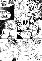 abdominal_bulge absurd_res animal_humanoid anthro anthro_pred belly big_belly big_butt black_and_white bone bottom_heavy burping butt cat_humanoid cheeky claws comic death deep_navel digestion digital_media_(artwork) domestic_cat duo english_text fatal feet felid felid_humanoid feline feline_humanoid felis fiwzycat! full-length_portrait hi_res huge_belly huge_hips huge_thighs humanoid jock male male/male mammal mammal_humanoid monochrome muscular navel nerd overweight overweight_male pantherine pantherine_humanoid portrait skull skull_head solo swallowed_alive swallowing tail text thick_thighs three-quarter_view tiger tiger_humanoid toe_claws vore vore_implied wide_hips