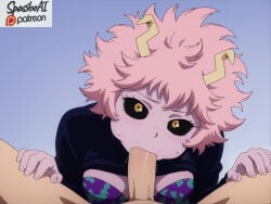 ashido_mina 1girl hetero 1boy penis pink_skin fellatio oral pink_hair colored_sclera horns yellow_eyes black_sclera colored_skin blush breasts short_hair looking_at_viewer uncensored clothes_lift clothed_female_nude_male pov cheek_bulge saliva medium_breasts blue_background sweater_lift sweater nude solo_focus sweat simple_background shirt_lift erection gradient_background pov_crotch nose_blush black_sweater long_sleeves bra spread_legs head_tilt mina_ashido ai_generated my_hero_academia boku_no_hero_academia spasibo15
