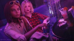 2girls 3d 3d_(artwork) 3d_render ashtray blender blonde_female blonde_hair brown_hair cigarette cigarette_in_mouth cigarette_smoke cocktail dark-skinned_female dark_skin earrings fully_clothed korra_amari looking_at_viewer nightclub nose_piercing oc original_character sfw shirt sitting_on_couch sunglasses sunglasses_on_head tattoo tattooed_arm