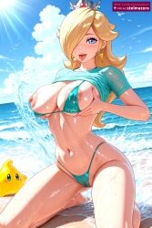 ai_generated ai_assisted stelmazura nintendo rosalina mario_(series) princess_rosalina princess_rosalina_(movie) 1girl solo long_hair breasts looking_at_viewer blush open_mouth blue_eyes blonde_hair large_breasts navel jewelry nipples swimsuit bikini earrings outdoors sky day tongue cloud tongue_out water clothes_lift star_(symbol) hair_over_one_eye wet kneeling cameltoe ocean highleg beach shirt_lift crown star_earrings