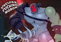 abs bara covered_face cum cumming english_text first_porn_of_character fold_(gameoverse) gameoverse gay helmet horns huge_cock knight knight_helmet mask muscular muscular_arms muscular_male nasked pecs rude shouting warrick_(gameoverse)