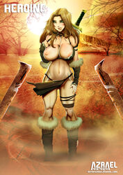 areolae artofazrael barbarian boots breast_out breasts choker english_text female footwear gloves green_eyes hand_on_leg handwear human large_breasts loincloth nipples orange_hair pale_skin panties pink_nipples red_hair rowena scratches standing sword text weapon