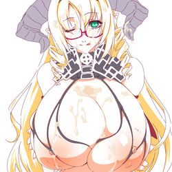 :q bare_shoulders blonde_hair breasts cum cum_on_breasts facial female female gigantic_breasts glasses green_eyes horns long_hair mnjs nipples pointy_ears skindentation solo tongue tongue_out wink