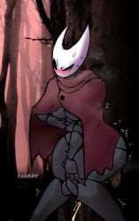 animal_humanoid anthro arachnid arachnid_humanoid arthropod arthropod_humanoid blush bodily_fluids breasts cape clothing feces feces_in_ass female female_only female_pooping forest forest_background genital_fluids hollow_knight_(franchise) hornet_(hollow_knight) humanoid kanaii peeing peeing_on_ground plant pooping pooping_on_floor red_cape red_clothing solo sweat team_cherry thick_thighs tree urine urine_on_ground urine_stream