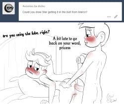 1boy 1girl anal anal_sex anus ass bare_hips bed bent_over biting_own_lip blush completely_nude disney embarrassed female groin hairband half-closed_eyes hetero lip_biting long_hair looking_back lube lube_bottle lube_in_ass male marco_diaz nervous nude on_bed penis perineum pussy sex short_hair soulcentinel spread_anus spread_ass star_butterfly star_vs_the_forces_of_evil starco teenage vagina vein
