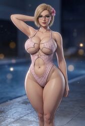 1girls abs ai_assisted ai_generated armpit_crease armpits belly_button black_outline blonde_hair blurry_background cel_shading cleavage eyelashes female flower_in_hair gemini glasses grey_eyes grok hourglass_figure inner_sideboob large_breasts light-skinned_female lipstick looking_at_viewer midriff midriff_cutout milf monokini narrow_waist navel night one_arm_behind_head particles pattern_clothing pelvic_line poolside rgomez007 sagging_breasts self_upload short_hair sideboob skindentation slight_smile solo_female standing swimming_pool swimsuit thick_lips thick_thighs underboob voluptuous wide_hips