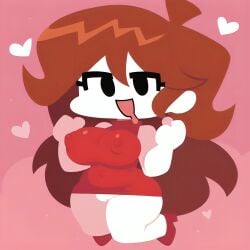 :d ai_generated auburn_hair bangs big_breasts black_eyes chibi chibi_style curvy drool eyelashes female female_only flat_colors friday_night_funkin girlfriend_(friday_night_funkin) hearts_around_head heels in_air jumping long_hair minidress nipple_bulge no_bra no_outlines no_panties no_sclera pink_background pixai red_dress red_heels shortstack thick_thighs