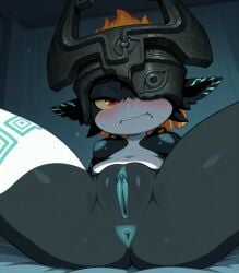 1girls ai_generated anus areolae blush_lines blushing body_markings breedorbred clitoral_hood clitoris comfyui elf_ears female female_only hi_res imp laying_down legs_spread nervous nipples orange_hair petite_body plump_labia propped_up pussy_focus red_eyes simple_background small_breasts sweatdrop sweating teal_anus teal_pussy two-tone_body vulva wavy_mouth yellow_sclera