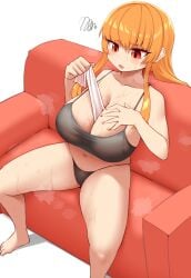 nobunagapero peronattu orange_hair orange_eyes big_breasts black_bra long_hair plump_thighs couch wet_towel hands_on_breasts wet_breasts item_in_cleavage