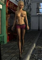 3d 3d_(artwork) absurd_res absurd_resolution bare_shoulders beautiful_woman black_high_heels blonde_hair_female cleavage collarbone erect_nipples female female_only glasses happy_female high_heels high_resolution highres huge_breasts long_hair_female mature_woman nameless_character navel necklace original pantyhose pink_short_shorts pink_shorts public_exposure short_shorts shorts text topless_female unnamed_character walking_towards_viewer zara3d
