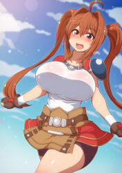 1girl ahoge alternate_breast_size_(larger) armor bike_shorts blush breasts brown_hair cloud cloudy_sky cowboy_shot day dutch_angle eiyuu_densetsu embarrassed estelle_bright female female_focus female_only gloves hair_between_eyes highres jacket large_breasts lens_flare long_hair looking_at_viewer miniskirt open_mouth ponponmaru red_eyes shirt shorts shorts_under_skirt shoulder_armor skirt sky solo sora_no_kiseki sweat trails_in_the_sky twintails