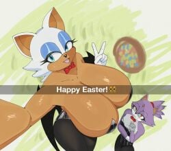2girls basket big_boobs big_breasts big_tits blaze_the_cat bunnysuit easter easter_egg easter_eggs female female_only flat_chest flat_chested grass large_female looking_at_viewer mylifeamovie peace_sign purple_fur rouge_the_bat selfie sonic_(series) sonic_the_hedgehog_(series) tall_female white_fur