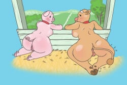 anthro bovid bovine butt cattle collar domestic_pig duo farm female female/female fence genitals hay hi_res hooves horn kneeling looking_away mammal pig_nose presenting riisyn simple_background simple_eyes suid suine sus_(pig) tail toony vulva