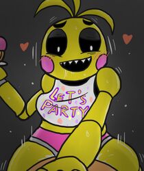 animatronic bib black_eyes blush breasts cum cupcake english_text enigi09 enigi09_classic female female_on_top five_nights_at_freddy's five_nights_at_freddy's_2 food machine male male/female male_pov mechanical open_mouth pov robot saliva sex smile straight teeth text tits toy_chica_(fnaf)