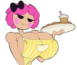 1girl 2018 animate_inanimate apron beverage big_breasts black_eyes blush blush_stickers bow breasts bust_portrait button_eyes cleavage clothed clothed_female clothing cookie crumbs_sugar_cookie cute doll female female_only food hair hair_bow hair_ornament hairbow half-closed_eyes hi_res holding_tray huge_breasts humanoid lalaloopsy living_doll looking_at_viewer milkshake mob_face narrowed_eyes pink_hair portrait ribbons seductive seductive_look smile solo solo_female straw tasteofchoklit transparent_background tray voluptuous voluptuous_female