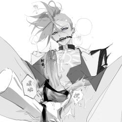 1boy anal anal_fingering bit_gag blush buzz_cut chest_tattoo commentary_request cum disembodied_hand dragon_boy_(to_be_hero_x) drooling ejaculation erection facial_mark fangs fingering gag greyscale highres male_focus male_penetrated mohawk monochrome open_clothes penis piercing purple_eyes saliva sd2190392804 short_hair simple_background speech_bubble spot_color stomach_tattoo tattoo testicles to_be_hero_x white_background yaoi