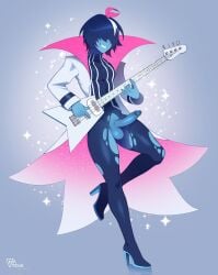 1boy androgynous artist_name blue_hair blue_skin cape colored_skin commentary commission deltarune electric_guitar english_commentary erection gay genderswap genderswap_(otm) guitar hair_between_eyes high_heels highres holding holding_guitar holding_instrument homosexual homosexual_male instrument kris_(dark_world)_(deltarune) kris_(deltarune) kris_(lightners_live)_(deltarune) male male_focus male_only matemi official_alternate_costume pants penis playing_instrument second-party_source short_hair smile solo solo_focus sparkle testicles torn_clothes torn_pants utdr_(toby_fox)