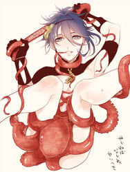 1boy arms_up bad_anatomy black_gloves blue_eyes blue_hair gloves mikazuki_munechika octopus parted_lips short_hair solo tentacle tentacle_on_male text touken_ranbu translation_request zoophilia zuwai_kani