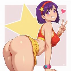 1girls ai_generated athena_asamiya big_ass fat_ass female female_only hairband huge_ass king_of_fighters light-skinned_female light_skin pale-skinned_female pale_skin purple_eyes purple_hair short_hair skirt star thick_ass
