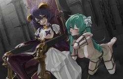 2girls ahoge aqua_hair bondage boots bound bow breasts chain chain_leash chair clothed_female_nude_female collar corset dominatrix dress femdom femsub frills highres human_dog large_breasts leash lezdom long_hair magia_azure magia_baiser magical_girl mahou_shoujo_ni_akogarete medium_hair multiple_girls nipples nude on_chair one_eye_closed open_mouth pasties pet_play restrained saaal653 shrug_(clothing) small_breasts stationary_restraints throne tongue tongue_out white_bow yuri