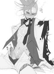 1boy biting biting_clothes blush buzz_cut chest_tattoo choker dragon_boy_(to_be_hero_x) ear_piercing erection face_piercing facial_mark greyscale heart heart-shaped_pupils highres jacket male_focus male_only mohawk monochrome navel necktie nipple_piercing object_insertion open_clothes pants penis piercing purple_eyes sd2190392804 short_hair simple_background solo sounding spiked_hair spot_color stomach_tattoo symbol-shaped_pupils tattoo to_be_hero_x uncensored urethral_insertion urethral_penetration white_background