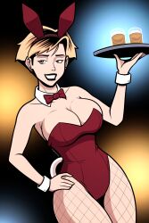 1girls blonde_hair bunny_ears bunny_girl bunnysuit cleavage collar_(clothes) confident cuffs_(clothing) ear_stud female female_only fishnets hand_on_hip holding_object hourglass_figure imightbemick jewelry lipstick makeup png revealing_clothes serving_tray slim_waist small_waist strapless strapless_leotard