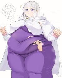 1girls 7sufyfhysfsdkn0_(artist) bbw belly belly_bulge belly_folds belly_grab belly_overhang blushing chubby chubby_female elf elf_female emilia_(re:zero) fat_female half_elf huge_belly natsuki_subaru obese obese_female offscreen_character overweight purple_eyes re:zero_kara_hajimeru_isekai_seikatsu reid_astrea_(re:zero) simple_background surprised sweat thick_thighs tight_clothing weight_gain white_hair