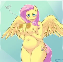 2015 anthro anthrofied big_breasts biting_lip blush breasts chubby colored cutie_mark equine female fluttershy_(mlp) friendship_is_magic glacierclear hair hand_on_breast lactation mammal milk my_little_pony navel nipples pegasus pink_hair pussy skoon solo straight_hair wings