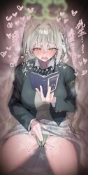 1girls blue_archive blush book bow bowtie breasts female female_masturbation female_only fingering fingering_self fingering_through_panties green_panties heart-shaped_pupils large_breasts long_hair masturbation miyo_(blue_archive) open_mouth panties pussy_juice reading school_uniform skirt skirt_lift solo spacetazune spread_legs stained_panties sweat symbol-shaped_pupils thighs underwear wet wet_panties