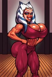 ahsoka_tano star_wars 1girl solo bimbo muscular_female toned_body huge_breasts massive_breasts glossy_skin shiny_skin oiled_skin sweat heavy_makeup long_eyelashes plump_lips orange_skin white_montrals blue_stripes blue_eyes confident_smile gym training tight_pink_sports_bra sports_bra tight_pink_shorts thick_thighs wide_hips bubble_butt muscular_arms abs veiny_arms gym_setting wooden_floor spizcyai ai_generated