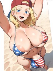 1futa futanari futa_only bikini american_flag_bikini areola_slip huge_breasts armpits smile tongue_out blonde_hair blue_eyes baseball_cap bulge huge_balls penis ai_generated supergetthi covered_nipples