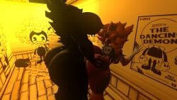 3d against_surface against_wall anthro anthro_on_anthro anthro_only ass beast_darling_(cally3d) belyasnikov bendy_and_the_ink_machine blush cryptiacurves demon dubious_consent fazclaire's_nightclub female fexa five_nights_at_freddy's fredina's_nightclub futa_on_anthro futa_on_female futanari grabbing_ass grabbing_from_behind ink_demon looking_back naked naked_futa nipple_piercing questionable_consent standing_behind