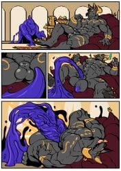 animal_genitalia anthro anubian_jackal aquatic aurelius_goldtalon balls big_balls big_sheath canid canine canis chest_tattoo claws cock_transformation cock_vore comic digitigrade duo facial_markings fish flaccid food fruit genitals goo_creature head_markings hi_res horn jackal jug looking_pleasured lying male male/male mammal markings muscular muscular_male on_back open_mouth penetration penile penis pillow plant pointy_ears reclining rug shark sheath slime smile stripes tattoo transformation trencalos urethral urethral_penetration vore werecock