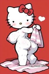 1girls ai_generated anthro anus ass_focus back_view bath_towel big_ass big_breasts cat cat_girl chibi chibi_style chubby chubby_female female female_only from_behind furry furry_female hello_kitty hello_kitty_(character) hello_kitty_(series) huge_ass huge_breasts looking_back nude pussy rear_view sanrio shortstack solo surprised thick_thighs vagina vulva wet wet_body