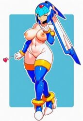 1girl ai_assisted ai_generated big_breasts blowing_kiss capcom fairy_leviathan highres mega_man mega_man_zero nipples novelai nude reploid solo wink winking_at_viewer