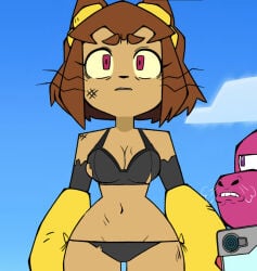 1boy 1girl bra breasts catgirl edited female furry gameoverse glitch_productions gobbles_(gameoverse) kit_(gameoverse) magenta_eyes male panties ripped_clothes ripped_clothing standing youtube