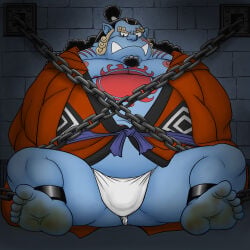 1boy anthro balls_under_clothes bara bare_breasts barefoot belt big_areola big_teeth black_hair blue_body breasts brick_wall bulge bulge_through_clothing chained chains chasenmage chubby curly_hair dirty_feet erect_nipples fat fishman flaccid frown full_body fundoshi furry gay goatee hi_res humanoid impel_down imprisoned jail japanese_clothes jinbe kimono long_hair looking_down male male_breasts male_only mature_male moobs multicolored_hair navel obese one_piece pecs pink_areola pointy_ears pre-timeskip prisoner restrained restrained_feet rokushaku_fundoshi scar scar_across_eye scar_on_face shackles sharp_teeth sitting soles solo spread_legs tattoo tattoo_on_chest tattoo_on_stomach teeth_showing thick thick_legs thick_thighs toes two-tone_hair uhokue vignette white_fundoshi yaoi yellow_hair yukata