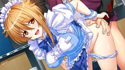 ass_grab bent_over blonde_hair bowtie breasts censored erect_nipples female game_cg highres hiiragi_chihaya large_breasts legs looking_at_viewer magical_kanan magical_kanan_2:_hiiro_no_bergamot maid maid_headdress open_mouth orange_eyes panties panty_pull sex short_hair skirt sweat thighs underwear vaginal_penetration wrist_cuffs yokota_mamoru