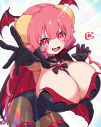1girl :d blush breasts cleavage contrapposto curvy fang female female_only gigantic_breasts hyper_breasts ilulu_(dragon_maid) legs_apart miss_kobayashi's_dragon_maid ozrereresan posing shortstack solo