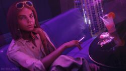 1girl 3d 3d_(artwork) 3d_render ashtray blender brown_hair cigarette cigarette_smoke cocktail dark-skinned_female dark_skin earrings korra_amari looking_at_viewer nightclub nose_piercing oc original_character sfw shirt sitting_on_couch sunglasses sunglasses_on_head tattoo tattooed_arm