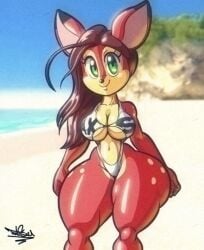 artist_name artist_signature big_breasts black_eyelashes blue_eyes breasts green_eyes dark_red_hair deer deer_ears deer_girl deer_tail digital_media_(artwork) female hair hi_res multicolored_body multicolored_fur oc original_character signature sweatdrop tansau thick_thighs wide_hips bikini remake