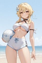 1female 1girls 1human 1woman ai ai_generated armwear ball beach beach_background big_breasts bikini bikini_top blonde blonde-haired_female blonde_female blonde_hair blue_sky breasts cute cute_face day daylight daytime female_only flower_in_hair frosting.ai genshin_impact grabbing_ball grabbing_object hair_ornament hoyoverse human_only looking_at_viewer lumine lumine_(genshin_impact) mihoyo non-nude sand sea seaside sfw short_hair shorts smiling smiling_at_viewer solo standing thick_thighs thighs traveler_(genshin_impact) tummy underboob underboobs volleyball volleyball_(ball) volleyball_shorts volleyball_uniform white_bikini white_bikini_top white_flower white_shorts woman_only yellow_eyes