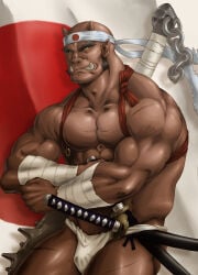 1boy abs akaoni asian_mythology bald bandage bandaged_arm bara beard_stubble beefy biceps breasts broad_shoulders bulge bulge_through_clothing collarbone crossed_arms daddy dark_skin dilf double_chin east_asian_mythology flaccid flag forked_eyebrows frown fundoshi fundoshi_only gay hachimaki headband hi_res hunk japan japan_flag japanese_mythology katana long_teeth looking_at_viewer male male_only manly mature_male menacing muscles muscular muscular_arms muscular_legs muscular_male muscular_neck muscular_thighs mythology nipple_piercing nipple_rings oni oni_horns patriotic_clothing patriotism pecs pointy_ears pubic_hair quadriceps rokushaku_fundoshi samurai scar scar_across_eye scar_on_arm scar_on_face scar_on_leg sheathed sideburns slit_pupils solo spiked_club straps teeth_showing thick thick_arms thick_eyebrows thick_thighs topless torieda tough_guy triceps weapon weapon_on_back white_fundoshi yaoi yellow_sclera